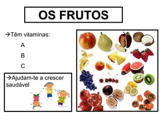 OS FRUTOS
Têm vitaminas:
     A
     B
     C

Ajudam-te a crescer
saudável
 