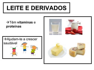 LEITE E DERIVADOS

 Têm vitaminas e
 proteínas


Ajudam-te a crescer
saudável
 