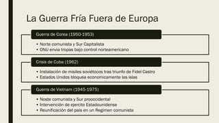 La Guerra Fría Fuera de Europa
• Norte comunista y Sur Capitalista
• ONU envia tropas bajo control norteamericano
Guerra de Corea (1950-1953)
• Instalación de misiles soviétocos tras triunfo de Fidel Castro
• Estados Unidos bloquea economicamente las islas
Crisis de Cuba (1962)
• Noste comunista y Sur prooccidental
• Intervención de ejercito Estadounidense
• Reunificación del pais en un Regimen comunista
Guerra de Vietnam (1945-1975)
 
