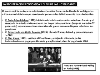 LA RECUPERACIÓN ECONÓMICA Y EL FIN DE LAS HOSTILIDADES
El nuevo espíritu de Locarno culminaría en los años finales de la década de los 20 gracias
a tres nuevas iniciativas que parecían dar por cerradas definitivamente todas las heridas.
 El Pacto Briand-Kellog (1928): iniciativa del ministro de asuntos exteriores francés y el
secretario de estado norteamericano por la que quince naciones (luego se sumarían 57
países más) se comprometían a renunciar a la guerra como medio para solucionar sus
problemas
 El Proyecto de una Unión Europea (1929): obra del francés Briand, y presentado ante
la SDN
 El Plan Young (1929): sustituía al Plan Dawes, rebajando el importe de las
indemnizaciones a pagar por Alemania y ampliando el plazo de pago hasta 1988
Firma del Pacto Briand-Kellog
en París (1928)
 