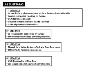 LAS SUBETAPAS
1ª 1919-1923
 La paz de París y las consecuencias de la Primera Guerra Mundial
 la crisis económica y política en Europa
 USA: los felices años 20
 URSS: la consolidación del estado soviético
 Italia: el primer estado fascista
2ª 1924-1929
 La recuperación económica en Europa
 El fin de las hostilidades entre las potencias
3ª 1929-1933
 El crack de la bolsa de Nueva York y la Gran Depresión
 El triunfo del nazismo en Alemania
4ª 1934-1939
 USA: Roosevelt y el New Deal
 Los virajes hacia la Segunda Guerra Mundial
 