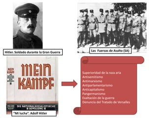 Hitler. Soldado durante la Gran Guerra Las Fuerzas de Asalto (SA)
“Mi lucha”. Adolf Hitler
Superioridad de la raza aria
Antisemitismo
Antimarxismo
Antiparlamentarismo
Anticapitalismo
Pangermanismo
Exaltación de la guerra
Denuncia del Tratado de Versalles
 