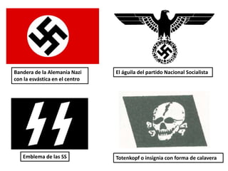 El águila del partido Nacional SocialistaBandera de la Alemania Nazi
con la esvástica en el centro
Emblema de las SS Totenkopf o insignia con forma de calavera
 