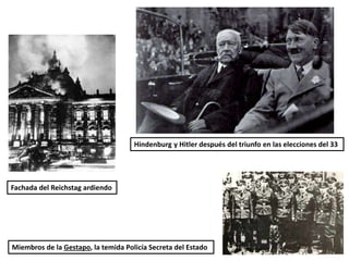 Fachada del Reichstag ardiendo
Hindenburg y Hitler después del triunfo en las elecciones del 33
Miembros de la Gestapo, la temida Policía Secreta del Estado
 
