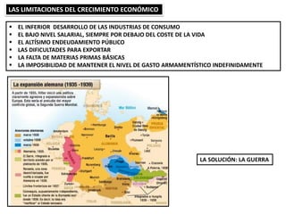 LAS LIMITACIONES DEL CRECIMIENTO ECONÓMICO
 EL INFERIOR DESARROLLO DE LAS INDUSTRIAS DE CONSUMO
 EL BAJO NIVEL SALARIAL, SIEMPRE POR DEBAJO DEL COSTE DE LA VIDA
 EL ALTÍSIMO ENDEUDAMIENTO PÚBLICO
 LAS DIFICULTADES PARA EXPORTAR
 LA FALTA DE MATERIAS PRIMAS BÁSICAS
 LA IMPOSIBILIDAD DE MANTENER EL NIVEL DE GASTO ARMAMENTÍSTICO INDEFINIDAMENTE
LA SOLUCIÓN: LA GUERRA
 