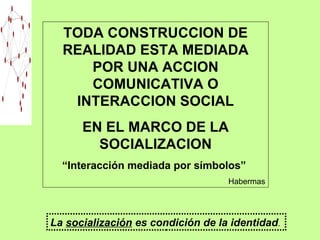 La  socialización  es condición de la identidad .  TODA CONSTRUCCION DE REALIDAD ESTA MEDIADA POR UNA ACCION COMUNICATIVA O INTERACCION SOCIAL EN EL MARCO DE LA SOCIALIZACION “ Interacción mediada por símbolos”  Habermas 