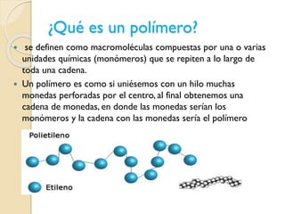 ¿Qué es un polímero?
 se definen como macromoléculas compuestas por una o varias
unidades químicas (monómeros) que se repiten a lo largo de
toda una cadena.
 Un polímero es como si uniésemos con un hilo muchas
monedas perforadas por el centro, al final obtenemos una
cadena de monedas, en donde las monedas serían los
monómeros y la cadena con las monedas sería el polímero
 