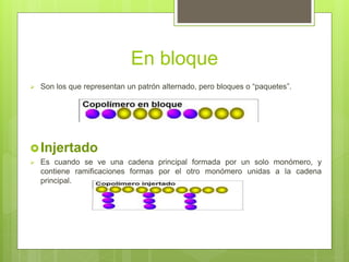 En bloque
 Son los que representan un patrón alternado, pero bloques o “paquetes”.
Injertado
 Es cuando se ve una cadena principal formada por un solo monómero, y
contiene ramificaciones formas por el otro monómero unidas a la cadena
principal.
 