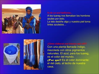 Es de un azul bellísimo…
A los tuareg nos llamaban los hombres
azules por esto.
La tela destiñe algo y nuestra piel toma
tintes azulados…
¿Cómo elaboran ese intenso azul añil?
Con una planta llamada índigo,
mezclada con otros pigmentos
naturales. El azul, para los tuareg,
es el color del mundo.
¿Por qué? Es el color dominante:
el del cielo, el techo de nuestra
casa.
 