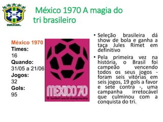 México 1970 A magia do
tri brasileiro
• Seleção brasileira dá
show de bola e ganha a
taça Jules Rimet em
definitivo
• Pela primeira vez na
história, o Brasil foi
campeão vencendo
todos os seus jogos -
foram seis vitórias em
seis jogos, 19 gols a favor
e sete contra -, uma
campanha irretocável
que culminou com a
conquista do tri.
México 1970
Times:
16
Quando:
31/05 a 21/06
Jogos:
32
Gols:
95
 