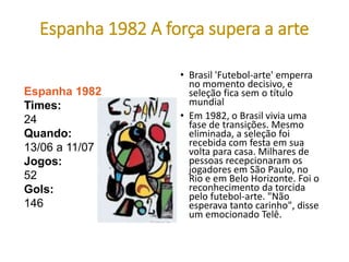 Espanha 1982 A força supera a arte
• Brasil 'Futebol-arte' emperra
no momento decisivo, e
seleção fica sem o título
mundial
• Em 1982, o Brasil vivia uma
fase de transições. Mesmo
eliminada, a seleção foi
recebida com festa em sua
volta para casa. Milhares de
pessoas recepcionaram os
jogadores em São Paulo, no
Rio e em Belo Horizonte. Foi o
reconhecimento da torcida
pelo futebol-arte. "Não
esperava tanto carinho", disse
um emocionado Telê.
Espanha 1982
Times:
24
Quando:
13/06 a 11/07
Jogos:
52
Gols:
146
 
