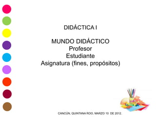 DIDÁCTICA I
MUNDO DIDÁCTICO
Profesor
Estudiante
Asignatura (fines, propósitos)
CANCÚN, QUINTANA ROO, MARZO 10 DE 2012.
 
