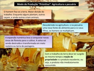 Modo de Produção “Primitiva”: Agricultura e pecuária

O homem fixa-se a terra. Maior divisão do
trabalho: Enquanto alguns plantam, outros
caçam, e ainda outros criam animais.


                                       Descobrindo na agricultura e na pecuária
                                       uma nova fonte de alimento para si e seus
                                       filhos, os homens se multiplicam.

 A expansão numérica leva a conquistar novas
 áreas de floresta para o cultivo. A selva vai
 sendo destruída e transformada em mato
 rasteiro ou terra de pastagens.


                                            Com o trabalho da terra deve ter surgido
                                            ao mesmo tempo a noção de
                                            propriedade e o produto excedente, ou
                                            seja, o produto não imediatamente
                                            consumido.
 