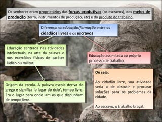 Os senhores eram proprietários das forças produtivas (os escravos), dos meios de
 produção (terra, instrumentos de produção, etc) e do produto do trabalho.

                      Diferença na educação/formação entre os
                      cidadãos livres e os escravos


Educação centrada nas atividades
intelectuais, na arte da palavra e
                                                    Educação assimilada ao próprio
nos exercícios físicos de caráter
                                                    processo de trabalho.
lúdico ou militar.

                                                       Ou seja,

                                                       Ao cidadão livre, sua atividade
Origem da escola. A palavra escola deriva do           seria a de discutir e procurar
grego e significa ‘o lugar do ócio’, tempo livre.      soluções para os problemas da
Era o lugar para onde iam os que dispunham             cidade.
de tempo livre.
                                                       Ao escravo, o trabalho braçal.
 