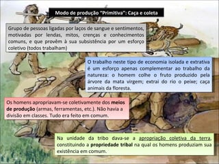 Modo de produção “Primitiva”: Caça e coleta

Grupo de pessoas ligadas por laços de sangue e sentimentos,
motivadas por lendas, mitos, crenças e conhecimentos
comuns, e que provêm à sua subsistência por um esforço
coletivo (todos trabalham)

                                  O trabalho neste tipo de economia isolada e extrativa
                                  é um esforço apenas complementar ao trabalho da
                                  natureza: o homem colhe o fruto produzido pela
                                  árvore da mata virgem; extrai do rio o peixe; caça
                                  animais da floresta.

Os homens apropriavam-se coletivamente dos meios
de produção (armas, ferramentas, etc.). Não havia a
divisão em classes. Tudo era feito em comum.



                     Na unidade da tribo dava-se a apropriação coletiva da terra,
                     constituindo a propriedade tribal na qual os homens produziam sua
                     existência em comum.
 