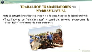 TRABALHOE TRABALHADORES
NO BRASIL ATUAL
Pode-se categorizar os tipos de trabalho e de trabalhadores da seguinte forma:
Trabalhadores do “terceiro setor” – comércio, serviços (sobrevivem do
“saber-fazer” e da circulação de mercadorias)
22
 
