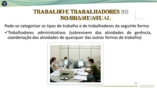 TRABALHOE TRABALHADORES
NO BRASIL ATUAL
Pode-se categorizar os tipos de trabalho e de trabalhadores da seguinte forma:
Trabalhadores administrativos (sobrevivem das atividades de gerência,
coordenação das atividades de quaisquer das outras formas de trabalho)
23
 