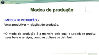 Modos de produção
• MODOS DE PRODUÇÃO =
forças produtivas + relações de produção.
• O modo de produção é a maneira pela qual a sociedade produz
seus bens e serviços, como os utiliza e os distribui.
27
 