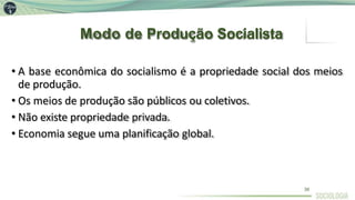 Modo de Produção Socialista
• A base econômica do socialismo é a propriedade social dos meios
de produção.
• Os meios de produção são públicos ou coletivos.
• Não existe propriedade privada.
• Economia segue uma planificação global.
39
 