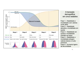 A transição
demográfica
em cinco estádios
Fase 1 – Natalidade e
mortalidade com valores
muito altos
Fase 2 – Natalidade
elevada e mortalidade em
queda
Fase 3 – Natalidade em
queda e mortalidade
mantém-se baixa
Fase 4 – Natalidade e
mortalidade atingem
valores baixos e muito
próximos
Fase 5 – Aumento ligeiro
da fecundidade
11
 