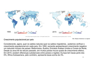 Crescimento populacional por país
Considerando, agora, quer os saldos naturais quer os saldos migratórios, podemos verificar o
crescimento populacional em cada país. Em 1950, somente apresentavam crescimento negativo
um reduzido número de países: Bielorrússia, Áustria, Emiratos Árabes Unidos e Coreia do Norte.
Desde os anos 60 do século passado, em muitos países houve queda de crescimento efetivo.
Em 2015, existem diferenças substanciais entre países e regiões: Europa tem taxas perto dos
0%; África Subsaariana, pelo contrário, apresenta taxas acima de 3%.
1950 2015
Obs: Mapas interativos no original
9
 