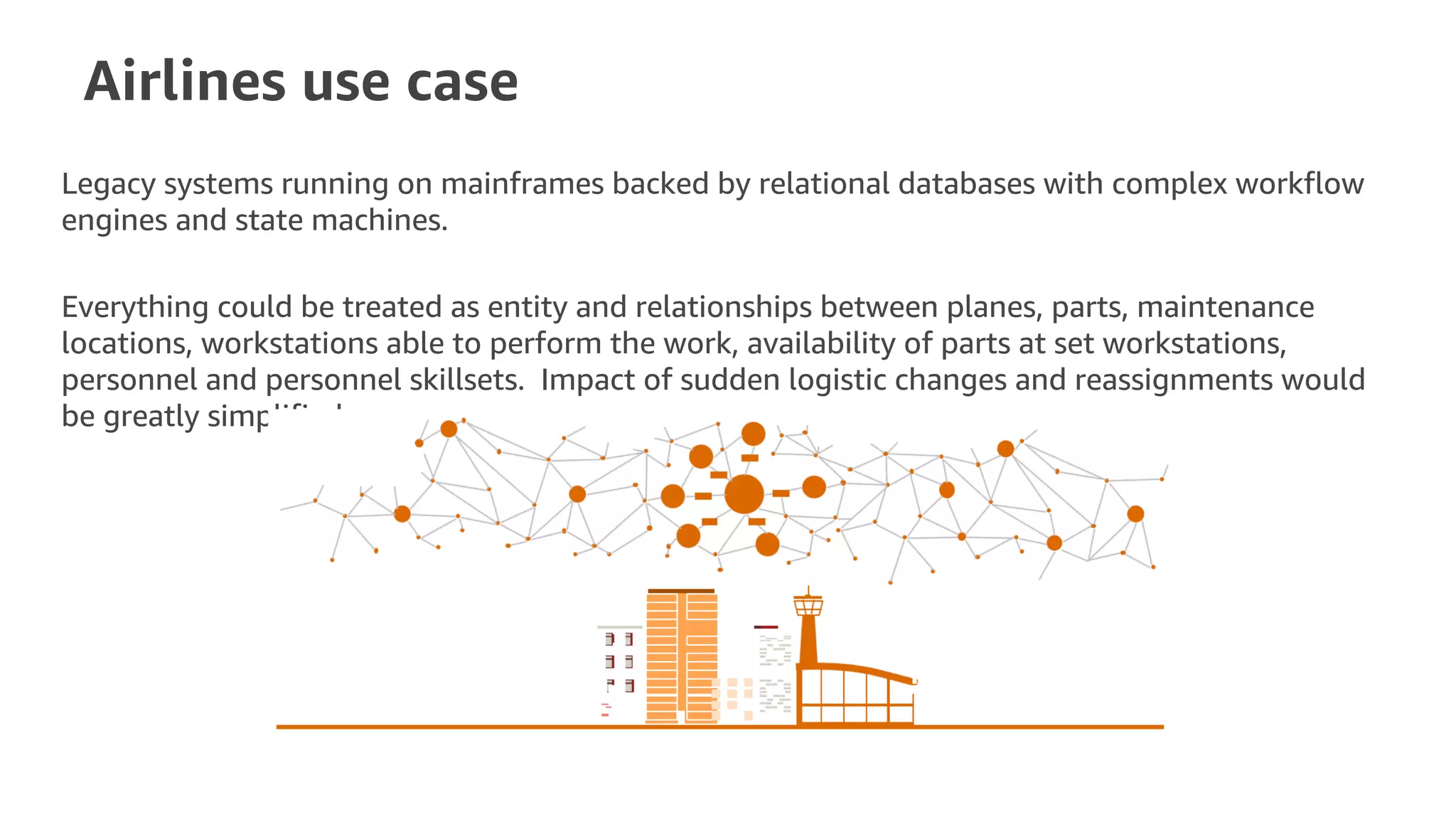 Airlines use case
Legacy systems running on mainframes backed by relational databases with complex workflow
engines and state machines.
Everything could be treated as entity and relationships between planes, parts, maintenance
locations, workstations able to perform the work, availability of parts at set workstations,
personnel and personnel skillsets. Impact of sudden logistic changes and reassignments would
be greatly simplified.
 