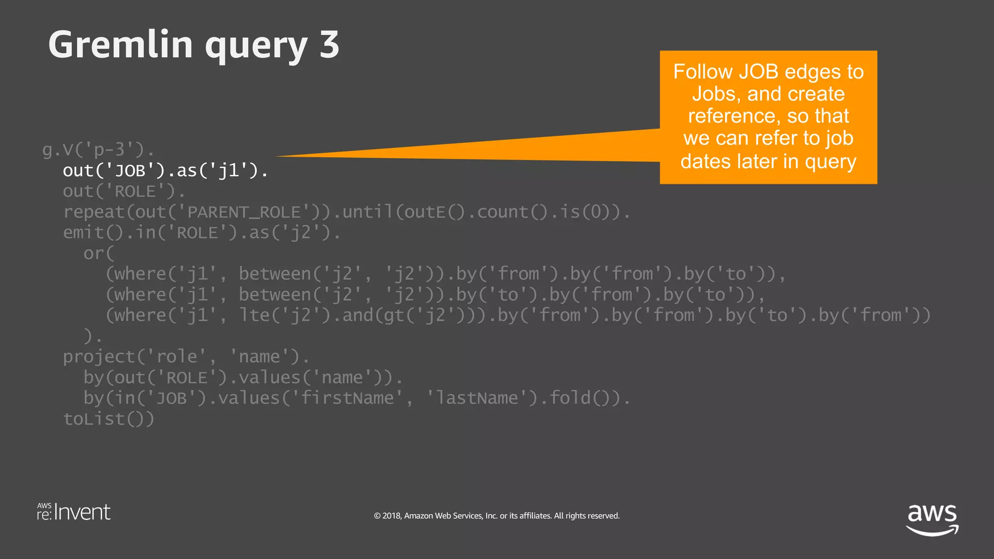 © 2018, Amazon Web Services, Inc. or its affiliates. All rights reserved.
Gremlin query 3
g.V('p-3').
out('JOB').as('j1').
out('ROLE').
repeat(out('PARENT_ROLE')).until(outE().count().is(0)).
emit().in('ROLE').as('j2').
or(
(where('j1', between('j2', 'j2')).by('from').by('from').by('to')),
(where('j1', between('j2', 'j2')).by('to').by('from').by('to')),
(where('j1', lte('j2').and(gt('j2'))).by('from').by('from').by('to').by('from'))
).
project('role', 'name').
by(out('ROLE').values('name')).
by(in('JOB').values('firstName', 'lastName').fold()).
toList())
 