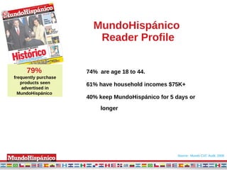 MundoHispánico  Reader Profile 74%  are age 18 to 44. 61% have household incomes $75K+ 40% keep  MundoHispánico   for 5 days or longer 79%   frequently purchase products seen advertised in MundoHispánico   Source:  Mundo CVC Audit, 2008 