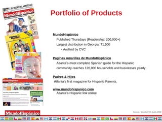 Portfolio of Products MundoHispánico Published Thursdays (R eadership: 200,000+) Largest distribution in Georgia: 71,500 Audited by CVC Pagínas Amarillas de MundoHispánico Atlanta’s most complete Spanish guide for the Hispanic community reaches 120,000 households and businesses yearly. Padres & Hijos Atlanta’s first magazine for Hispanic Parents. www.mundohispanico.com Atlanta’s Hispanic link online Source:  Mundo CVC Audit, 2008 