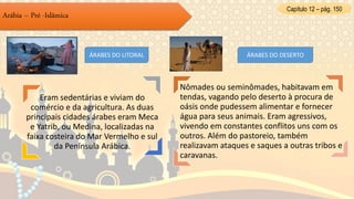 Capítulo 12 – pág. 150
Arábia – Pré -Islâmica
Eram sedentárias e viviam do
comércio e da agricultura. As duas
principais cidades árabes eram Meca
e Yatrib, ou Medina, localizadas na
faixa costeira do Mar Vermelho e sul
da Península Arábica.
Nômades ou seminômades, habitavam em
tendas, vagando pelo deserto à procura de
oásis onde pudessem alimentar e fornecer
água para seus animais. Eram agressivos,
vivendo em constantes conflitos uns com os
outros. Além do pastoreio, também
realizavam ataques e saques a outras tribos e
caravanas.
ÁRABES DO LITORAL ÁRABES DO DESERTO
 