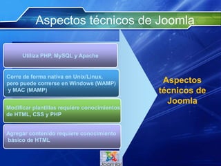 Aspectos técnicos de Joomla
Utiliza PHP, MySQL y Apache
Corre de forma nativa en Unix/Linux,
pero puede correrse en Windows (WAMP)
y MAC (MAMP)
Modificar plantillas requiere conocimientos
de HTML, CSS y PHP
Aspectos
técnicos de
Joomla
Agregar contenido requiere conocimiento
básico de HTML
 