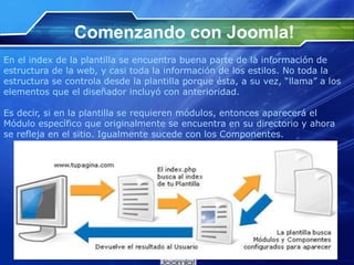 Comenzando con Joomla!
En el index de la plantilla se encuentra buena parte de la información de
estructura de la web, y casi toda la información de los estilos. No toda la
estructura se controla desde la plantilla porque ésta, a su vez, “llama” a los
elementos que el diseñador incluyó con anterioridad.
Es decir, si en la plantilla se requieren módulos, entonces aparecerá el
Módulo específico que originalmente se encuentra en su directorio y ahora
se refleja en el sitio. Igualmente sucede con los Componentes.
 