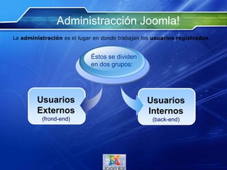Usuarios
Externos
(frond-end)
Éstos se dividen
en dos grupos:
Administracción Joomla!
La administración es el lugar en donde trabajan los usuarios registrados.
Usuarios
Internos
(back-end)
 