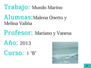 Trabajo:

Mundo Marino

Alumnas: Malena Onetto y
Melina Valiña

Profesor:
Año:

Mariano y Vanesa

2013

Curso:

1 “B”

 