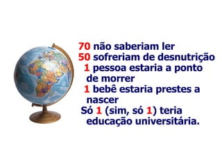 70  não saberiam ler  50  sofreriam de desnutrição  1  pessoa estaria a ponto  de morrer  1  bebê estaria prestes a  nascer  Só  1  (sim, só  1 ) teria educação universitária.   
