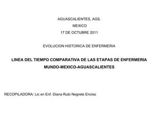AGUASCALIENTES, AGS.
                                     MEXICO
                               17 DE OCTUBRE 2011


                     EVOLUCION HISTORICA DE ENFERMERIA


   LINEA DEL TIEMPO COMPARATIVA DE LAS ETAPAS DE ENFERMERIA
                      MUNDO-MEXICO-AGUASCALIENTES




RECOPILADORA: Lic en Enf. Diana Rubi Negrete Enciso
 