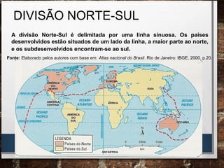 DIVISÃO NORTE-SUL
Fonte: Elaborado pelos autores com base em: Atlas nacional do Brasil. Rio de Janeiro: IBGE, 2000. p.20.
A divisão Norte-Sul é delimitada por uma linha sinuosa. Os países
desenvolvidos estão situados de um lado da linha, a maior parte ao norte,
e os subdesenvolvidos encontram-se ao sul.
 