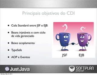 Principais objetivos do CDI

           •      Cola Standard entre JSF e EJB

           •      Beans injetáveis e com ciclo
                  de vida gerenciado

           •      Baixo acoplamento

           •      TypeSafe

           •      AOP e Eventos




Monday, May 16, 2011
 