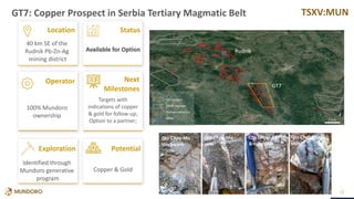 TSXV:MUN
GT7: Copper Prospect in Serbia Tertiary Magmatic Belt
22
Target 1
40 km SE of the
Rudnik Pb-Zn-Ag
mining district
Available for Option
100% Mundoro
ownership
Identified through
Mundoro generative
program
Targets with
indications of copper
& gold for follow-up;
Option to a partner;
Copper & Gold
GT7 project
Other licenses
Tertiary volcanics
Mine
Rudnik
GT7
Qtz-Chpy-Mo
stockwork
Qtz-Chpy-Mo
vein
Qtz-Chpy- Py - Mo
B-type vein
Qtz-Chpy-Mo
vein
Next
Milestones
Potential
Exploration
Location Status
Operator
 
