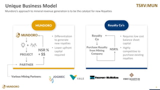 TSXV:MUN
Unique Business Model
6
Mundoro’s approach to mineral revenue generation is to be the catalyst for new Royalties
• Differentiation
to generate
new royalties
• Lower upfront
capital
required
• Requires low cost
balance sheet
capital
• Highly
competitive to
purchase existing
royalties
Various Mining Partners:
+
PARTNER
NSR %
+ $$
PROJECT
Purchase Royalty
from Mining
Company
NSR%
Royalty
Co
MUNDORO Royalty Co’s
 