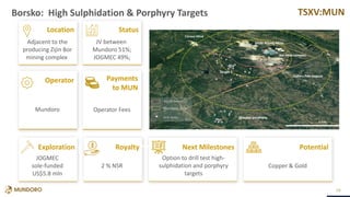 TSXV:MUN
Borsko: High Sulphidation & Porphyry Targets
18
Target 1
Location Status
Payments
to MUN
Operator
Exploration Royalty
Adjacent to the
producing Zijin Bor
mining complex
JV between
Mundoro 51%;
JOGMEC 49%;
Mundoro Operator Fees
JOGMEC
sole-funded
US$5.8 mln
2 % NSR
Option to drill test high-
sulphidation and porphyry
targets
5 km
Mundoro- Vale
Drill Holes
Borsko license
Bor mine complex
Veliki Krivelj Mine
Cukaru Peki Deposit
Target 1
Skorusa porphyry
Cerovo Mine
Next Milestones Potential
Copper & Gold
 