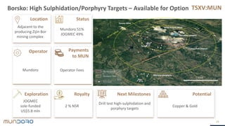 TSXV:MUN
Location Status
Payments
to MUN
Operator
Exploration Royalty Next Milestones Potential
Borsko: High Sulphidation/Porphyry Targets – Available for Option
24
Target 1
Adjacent to the
producing Zijin Bor
mining complex
Mundoro 51%
JOGMEC 49%
Mundoro Operator Fees
JOGMEC
sole-funded
US$5.8 mln
2 % NSR
Drill test high-sulphidation and
porphyry targets
5 km
Mundoro- Vale
Drill Holes
Borsko license
Bor mine complex
Veliki Krivelj Mine
Cukaru Peki Deposit
Target 1
Skorusa porphyry
Cerovo Mine
Copper & Gold
 