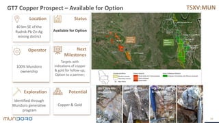 TSXV:MUN
Next
Milestones
Potential
Exploration
Location Status
Operator
GT7 Copper Prospect – Available for Option
26
Target 1
40 km SE of the
Rudnik Pb-Zn-Ag
mining district
Available for Option
100% Mundoro
ownership
Identified through
Mundoro generative
program
Targets with
indications of copper
& gold for follow-up;
Option to a partner;
Copper & Gold
Qtz-Chpy-Mo
stockwork
Qtz-Chpy-Mo
vein
Qtz-Chpy- Py - Mo
B-type vein
Qtz-Chpy-Mo
vein
5 km
 