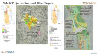 TSXV:MUN
35
Vale JV Projects – Skorusa & Oblez Targets
Skorusa West
Zone
Skorusa East
Zone
21-SKO-01
Skorusa South Target
Advanced argillic
alteration (lithocap)
21-SKO-02
21-SKO-03
21-SKO-04
21-SKO-05
21-SKO-06
A
A
Skorusa South Target
Southern extension of
the magnetic low
anomaly and advanced
argillic alteration
Tilva Mare Target
Geophysics program
lines
Markov Kamen
East Target
Anomalous
molybdenum
over the cover
rock
Glavica Target
Strong
magnetic
anomaly with
remnant
magnetism
 