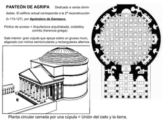PANTEÓN DE AGRIPA Dedicado a varias divini-
dades. El edificio actual corresponde a la 2ª reconstrucción
(h.115-127), por Apolodoro de Damasco.
Planta circular cerrada por una cúpula = Unión del cielo y la tierra.
Pórtico de acceso = Arquitectura arquitrabada, octástiloy
corintio (herencia griega).
Sala interior: gran cúpula que apoya sobre un grueso muro,
aligerado con nichos semicirculares y rectangulares alternos.
 