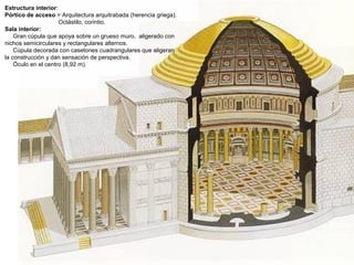 Estructura interior:
Pórtico de acceso = Arquitectura arquitrabada (herencia griega).
Octástilo, corintio.
Sala interior:
Gran cúpula que apoya sobre un grueso muro, aligerado con
nichos semicirculares y rectangulares alternos.
Cúpula decorada con casetones cuadrangulares que aligeran
la construcción y dan sensación de perspectiva.
Óculo en el centro (8,92 m).
 