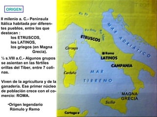 ORIGEN
II milenio a. C.- Península
Itálica habitada por diferen-
tes pueblos, entre los que
destacan :
los ETRUSCOS,
los LATINOS,
los griegos (en Magna
Grecia).
½ s.VIII a.C.- Algunos grupos
se asientan en las fértiles
orillas del Tíber, entre 7 coli-
nas.
Viven de la agricultura y de la
ganadería. Ese primer núcleo
de población crece con el co-
mercio: ROMA.
•Origen legendario
Rómulo y Remo
MAGNA
GRECIA
 
