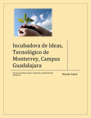 Incubadora de Ideas,
Tecnológico de
Monterrey, Campus
Guadalajara
MELISSA ALEJANDRA PADILLA JOHNSTON, ADMINISTRACIÓN
                                                     Mundo Salud
FINANCIERA
 