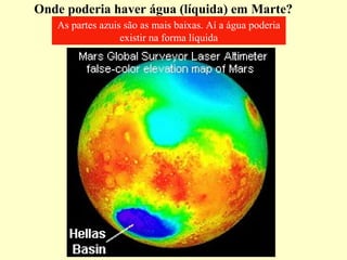 Onde poderia haver água (líquida) em Marte?
   As partes azuis são as mais baixas. Aí a água poderia
                  existir na forma líquida
 