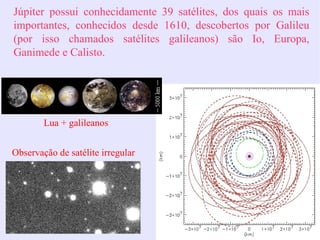 Júpiter possui conhecidamente 39 satélites, dos quais os mais
importantes, conhecidos desde 1610, descobertos por Galileu
(por isso chamados satélites galileanos) são Io, Europa,
Ganimede e Calisto.




        Lua + galileanos


Observação de satélite irregular
 